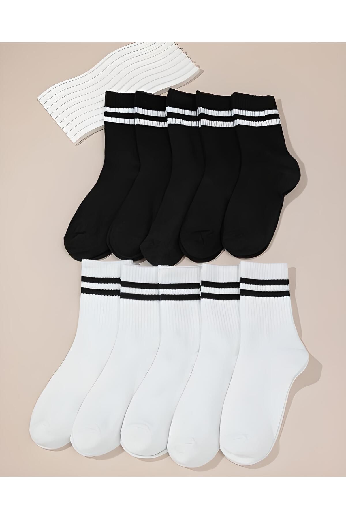 Unisex Beyaz Çizgili Kolej Çorap 10'lu Paket (PAMUK)