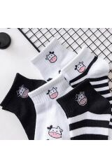 Unisex Siyah Beyaz İnek Desenli Özel Tasarım 5 Çift