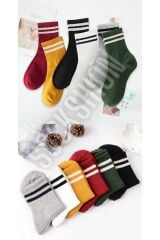 Unisex 6'lı Karışık Renkli Çizgili Tenis Çorabı - Stilinizi Renklendirin - 6 Çift