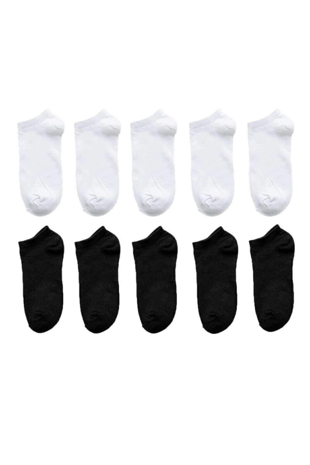 Unisex 10 Çift Koton Ekonomik Siyah + Beyaz Renk Patik