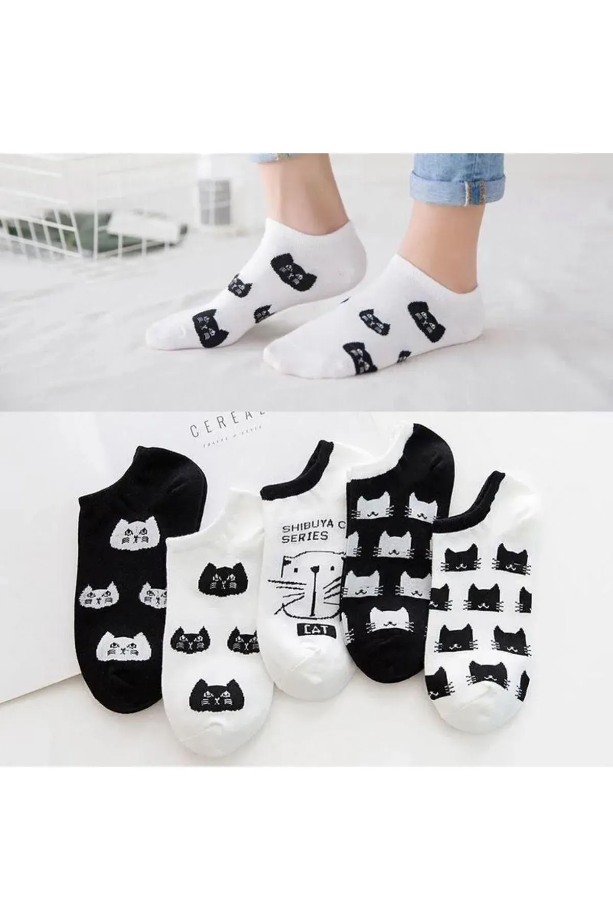 Kadın Renkli Kedi Desenli Ultra Soft Lastikli Çorap Seti -  5 Çift